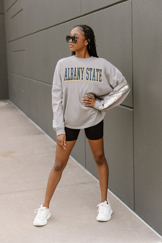 ALBANY STATE GOLDEN RAMS GUESS WHO'S BACK SEQUIN YOKE PULLOVER