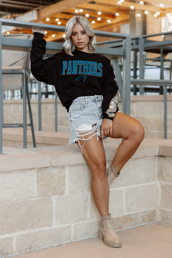 CAROLINA PANTHERS GAMEDAY GLITZ LONG SLEEVE TEE WITH SEQUIN TRIM BACK AND SLEEVE DETAIL