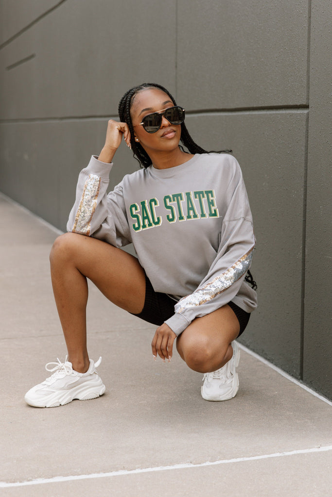 SACRAMENTO STATE HORNETS GUESS WHO'S BACK SEQUIN YOKE PULLOVER