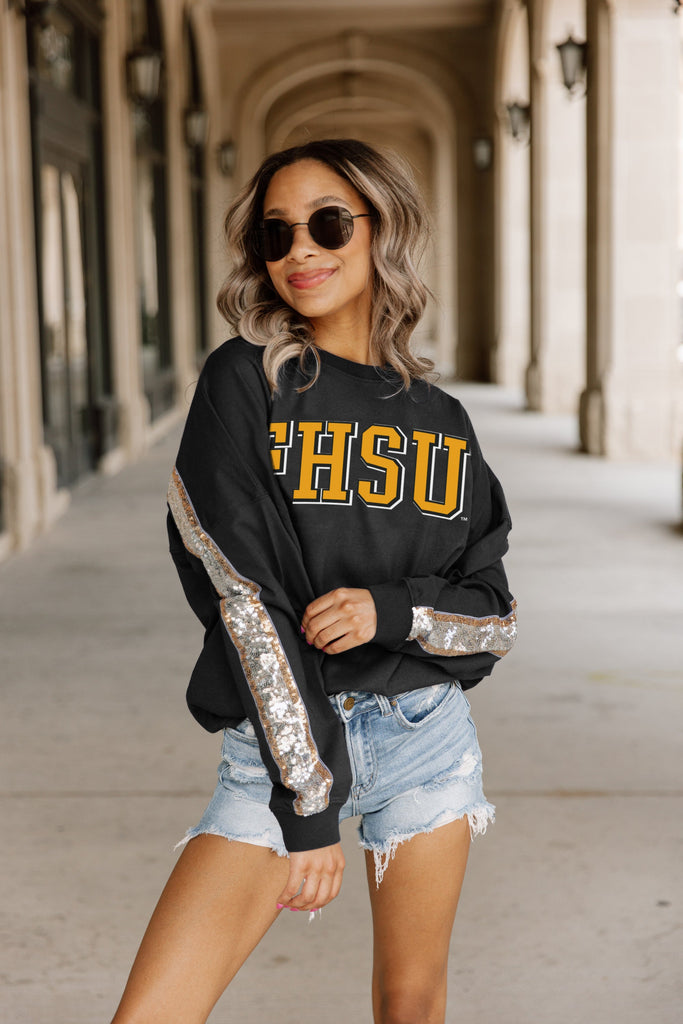 FORT HAYS STATE TIGERS GUESS WHO'S BACK SEQUIN YOKE PULLOVER