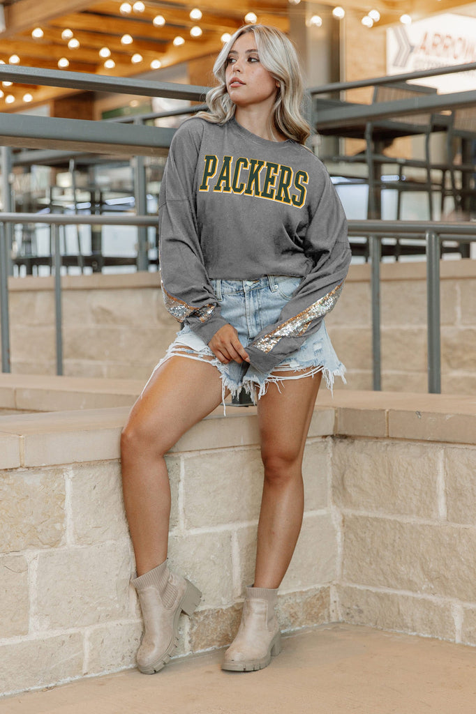 GREEN BAY PACKERS GAMEDAY GLITZ LONG SLEEVE TEE WITH SEQUIN TRIM BACK AND SLEEVE DETAIL