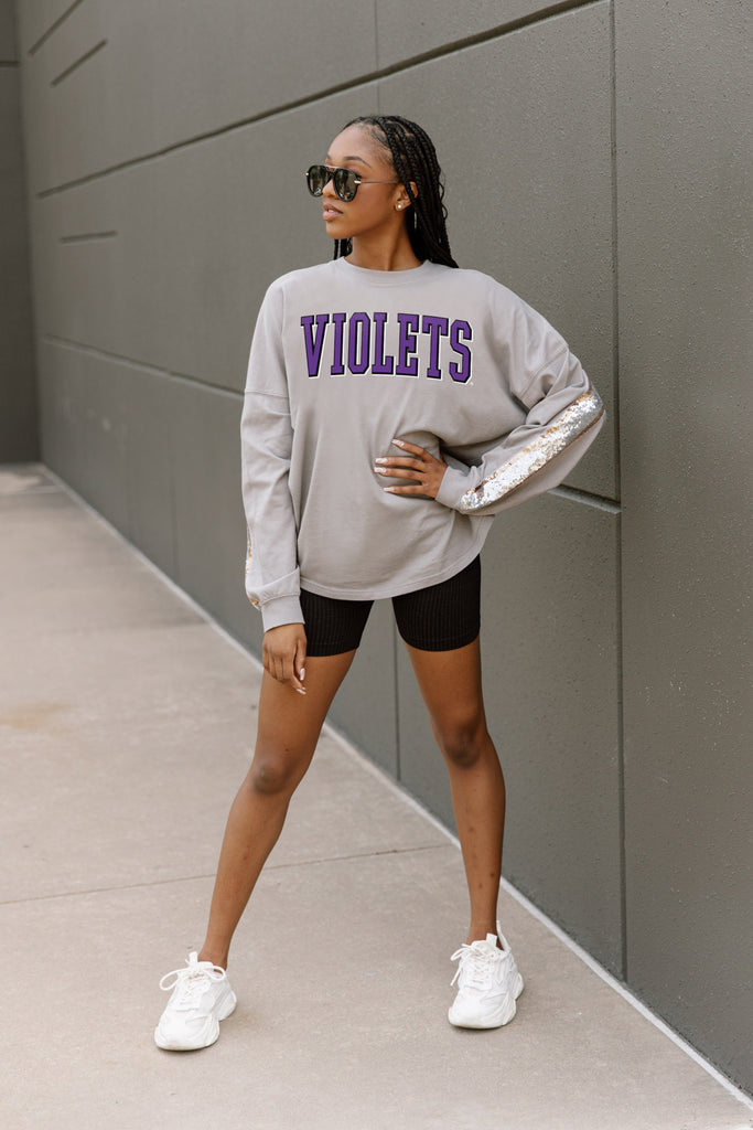 NEW YORK UNIVERSITY VIOLETS GUESS WHO'S BACK SEQUIN YOKE PULLOVER