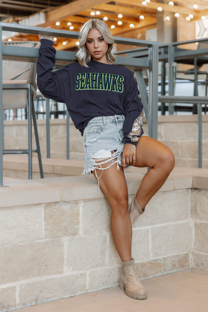 SEATTLE SEAHAWKS GAMEDAY GLITZ LONG SLEEVE TEE WITH SEQUIN TRIM BACK AND SLEEVE DETAIL