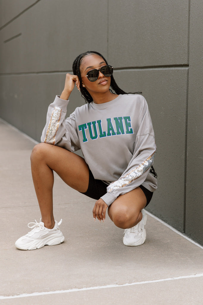TULANE GREEN WAVE GUESS WHO'S BACK SEQUIN YOKE PULLOVER