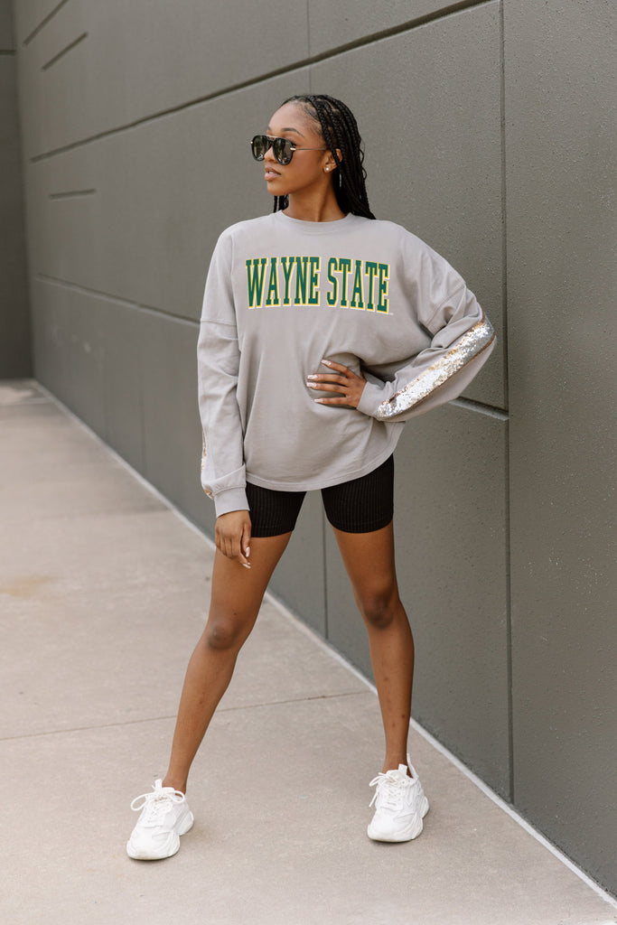 WAYNE STATE WARRIORS GUESS WHO'S BACK SEQUIN YOKE PULLOVER