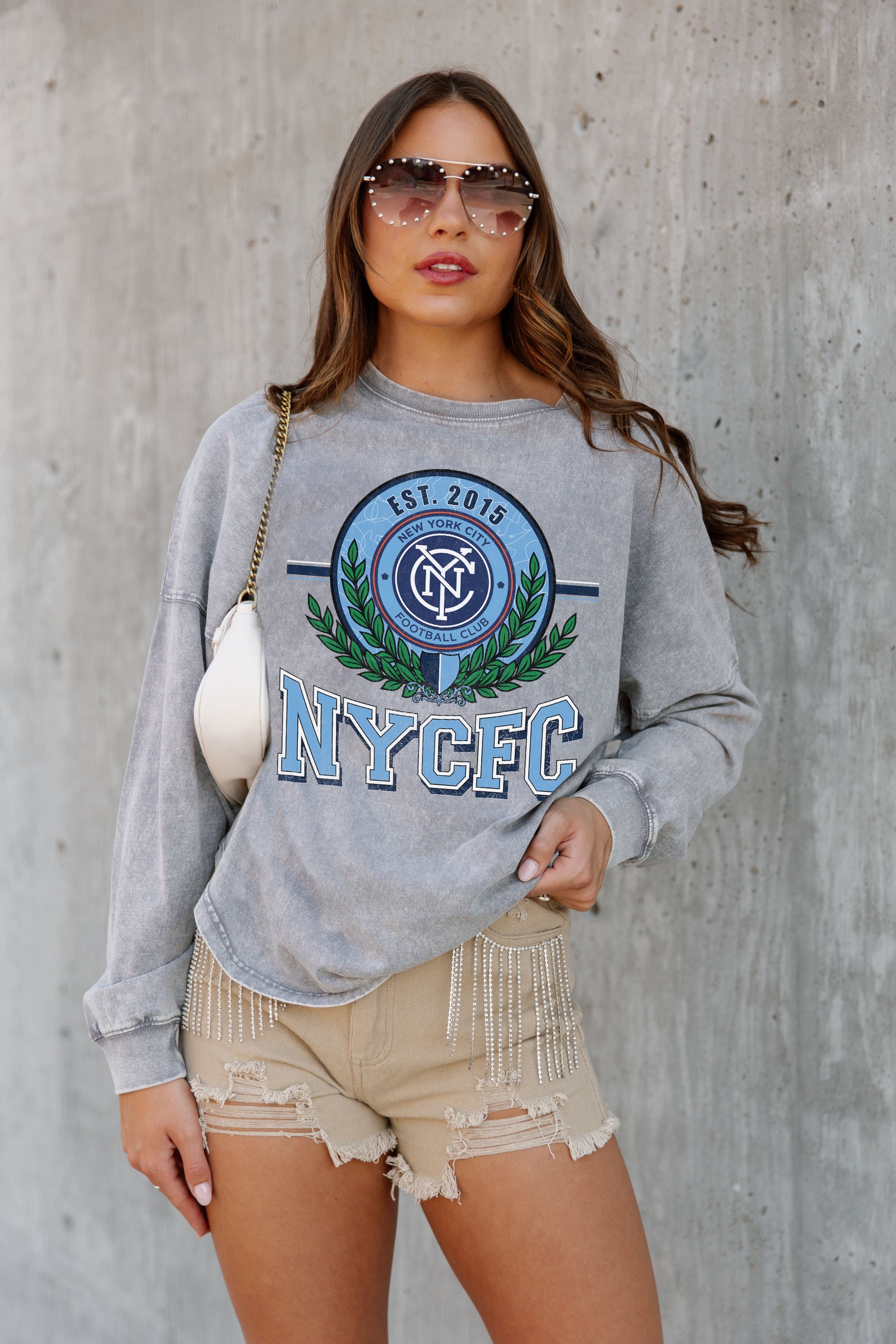 Grey NEW YORK CITY FC GOAL ORIENTED FADED WASH PULLOVER - Styled Look | Gameday Couture - SOHO