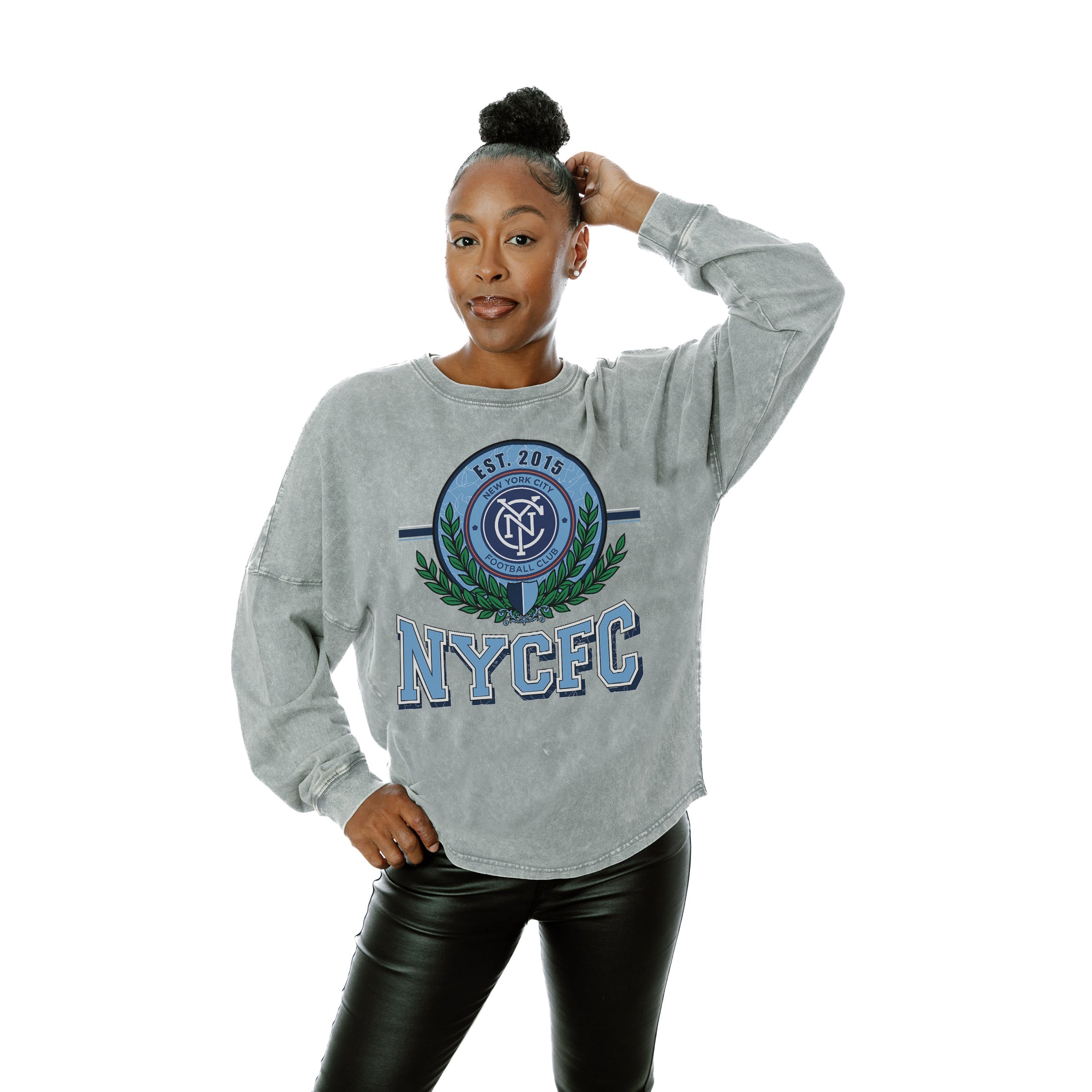 Grey NEW YORK CITY FC GOAL ORIENTED FADED WASH PULLOVER - Side Profile | Gameday Couture - SOHO