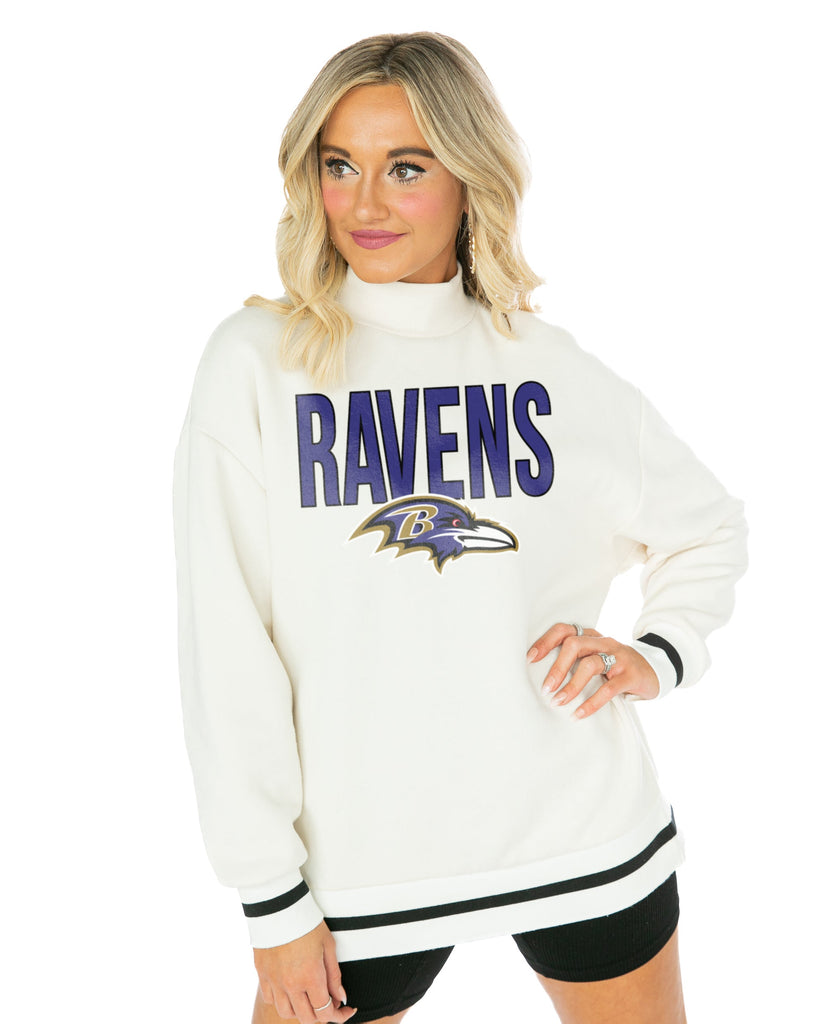 BALTIMORE RAVENS END ZONE ENVY MOCK NECK FLEECE LONG SLEEVE PULLOVER WITH STRIPED STRETCH CUFF AND WAISTBAND