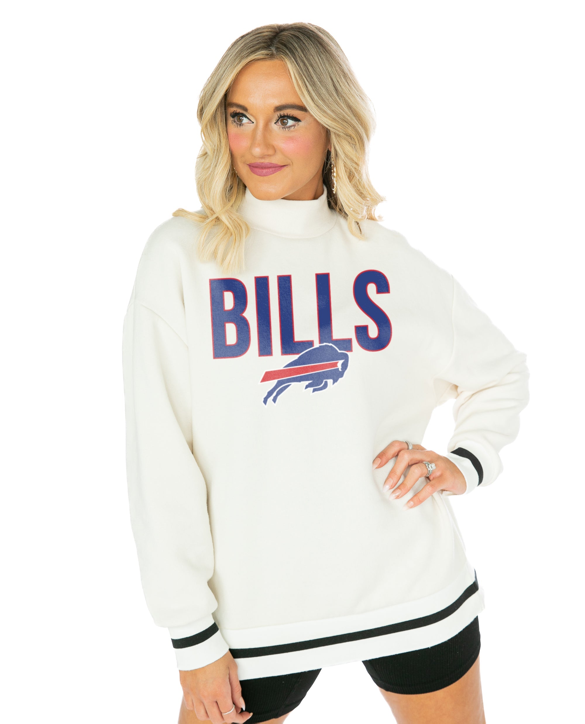 GC x NFL Buffalo Bills End Zone Envy Mock Neck Fleece Long Sleeve Pullover with Striped Stretch Cuff and Waistband M / White