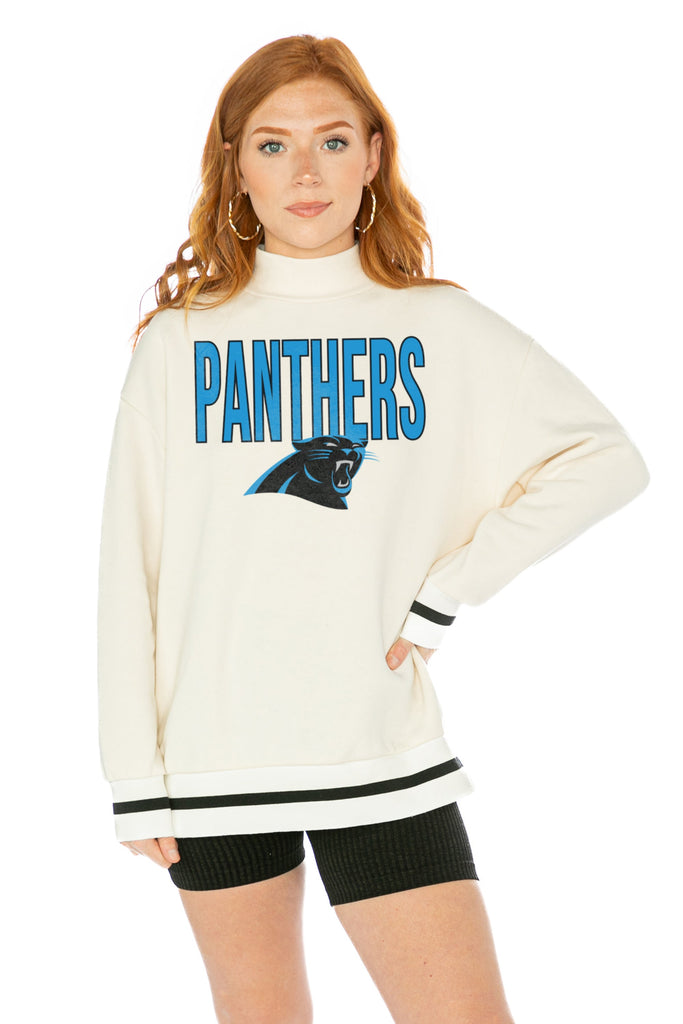 CAROLINA PANTHERS END ZONE ENVY MOCK NECK FLEECE LONG SLEEVE PULLOVER WITH STRIPED STRETCH CUFF AND WAISTBAND
