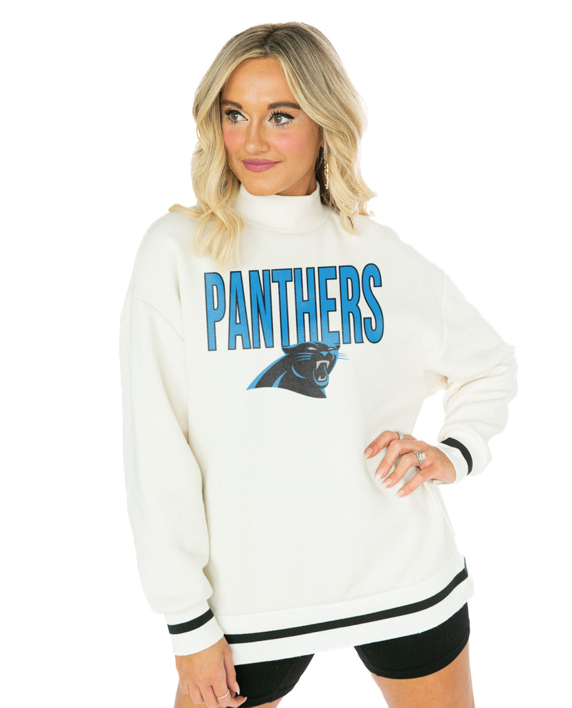 CAROLINA PANTHERS END ZONE ENVY MOCK NECK FLEECE LONG SLEEVE PULLOVER WITH STRIPED STRETCH CUFF AND WAISTBAND