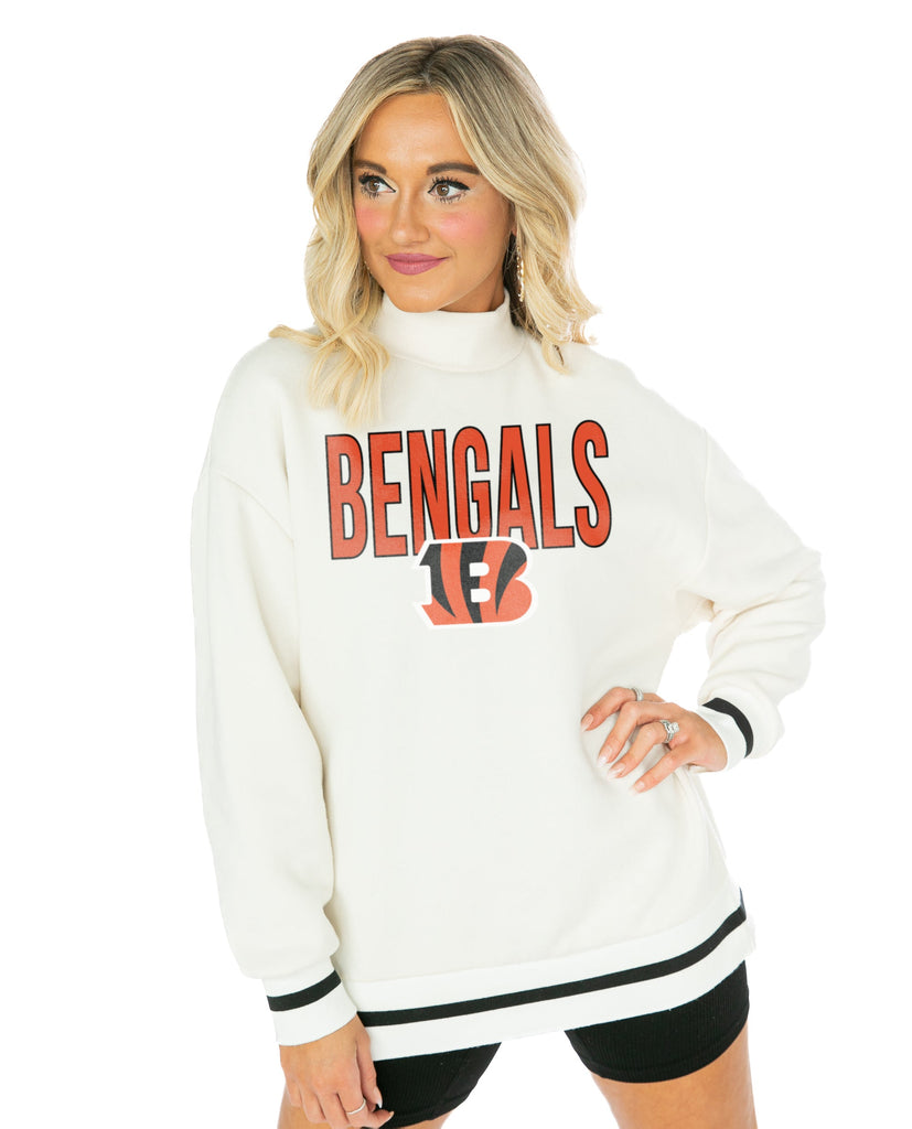 CINCINNATI BENGALS END ZONE ENVY MOCK NECK FLEECE LONG SLEEVE PULLOVER WITH STRIPED STRETCH CUFF AND WAISTBAND