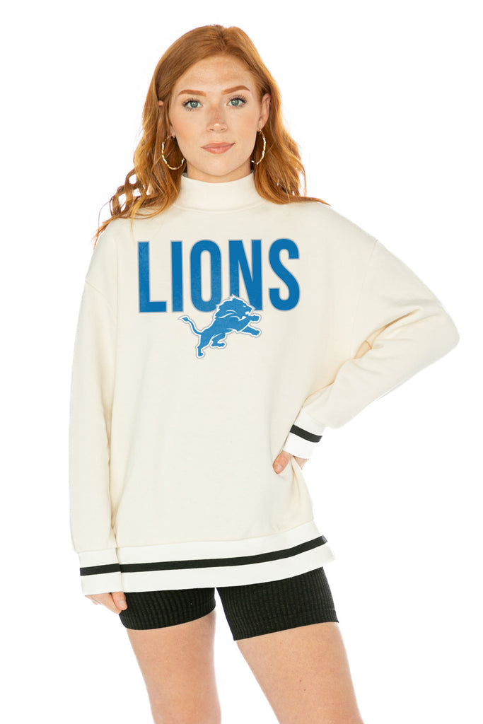 DETROIT LIONS END ZONE ENVY MOCK NECK FLEECE LONG SLEEVE PULLOVER WITH STRIPED STRETCH CUFF AND WAISTBAND