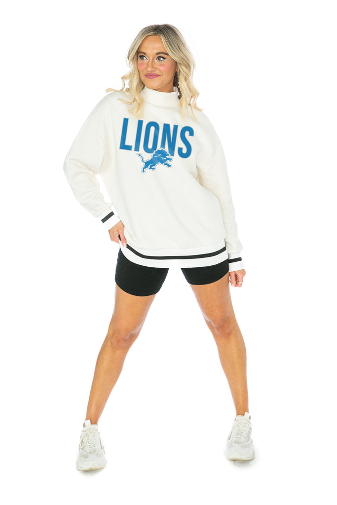 DETROIT LIONS END ZONE ENVY MOCK NECK FLEECE LONG SLEEVE PULLOVER WITH STRIPED STRETCH CUFF AND WAISTBAND
