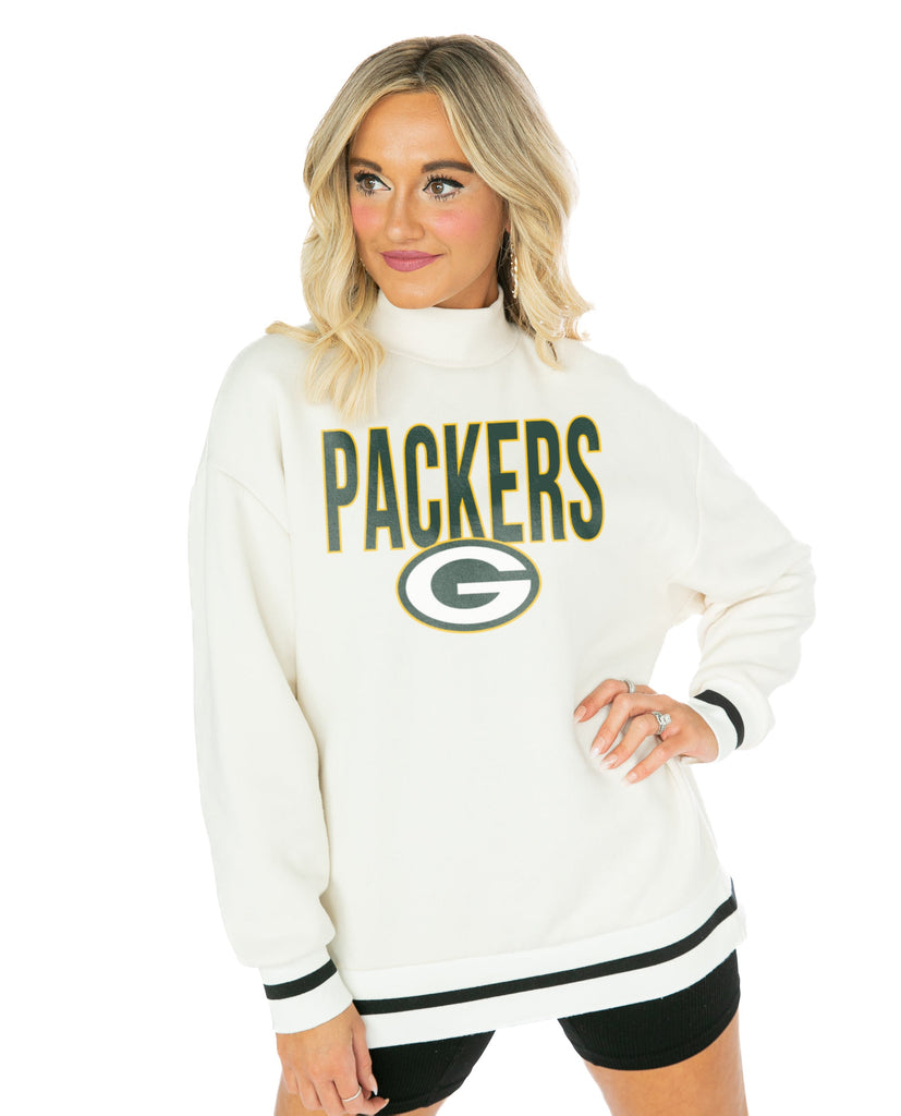 GREEN BAY PACKERS END ZONE ENVY MOCK NECK FLEECE LONG SLEEVE PULLOVER WITH STRIPED STRETCH CUFF AND WAISTBAND