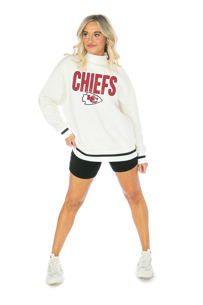 KANSAS CITY CHIEFS END ZONE ENVY MOCK NECK FLEECE LONG SLEEVE PULLOVER WITH STRIPED STRETCH CUFF AND WAISTBAND