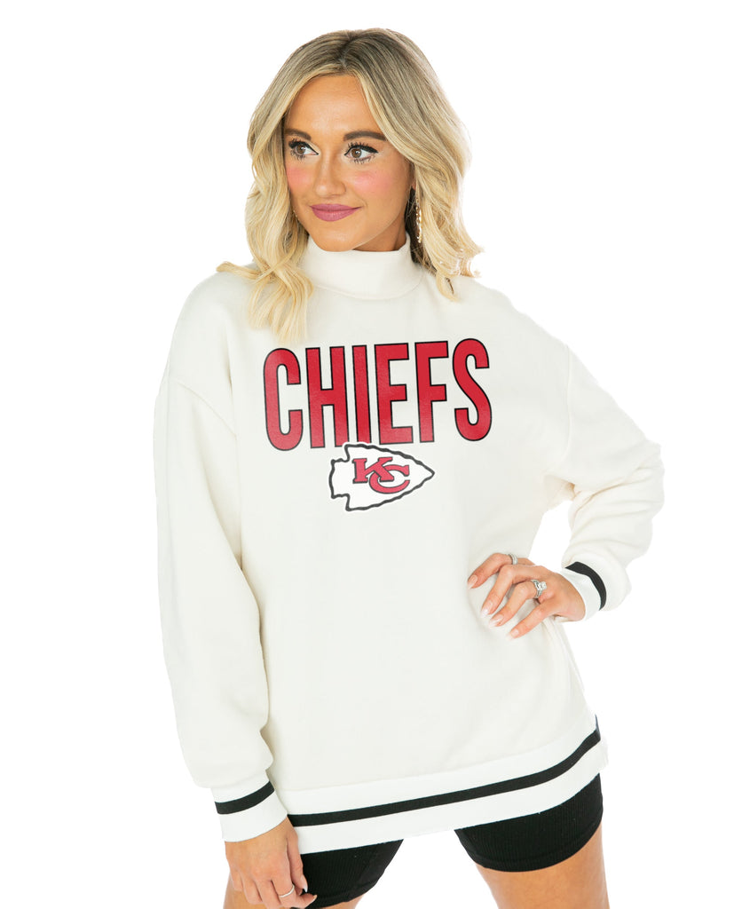 KANSAS CITY CHIEFS END ZONE ENVY MOCK NECK FLEECE LONG SLEEVE PULLOVER WITH STRIPED STRETCH CUFF AND WAISTBAND