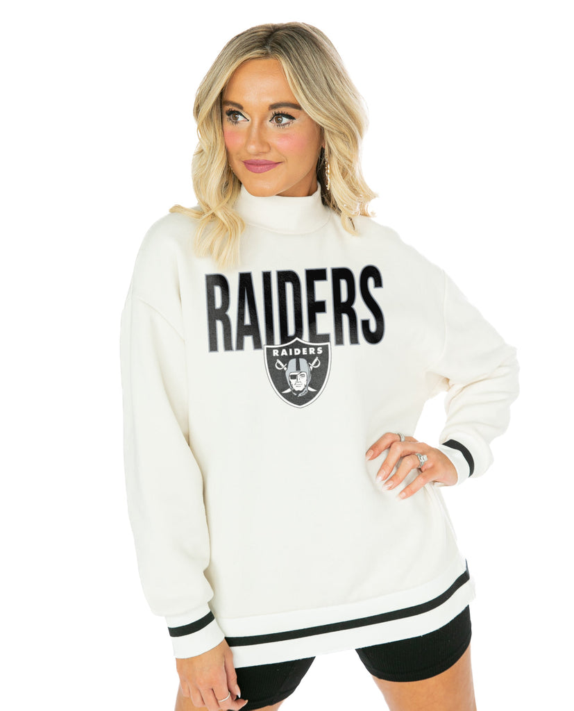 LAS VEGAS RAIDERS END ZONE ENVY MOCK NECK FLEECE LONG SLEEVE PULLOVER WITH STRIPED STRETCH CUFF AND WAISTBAND