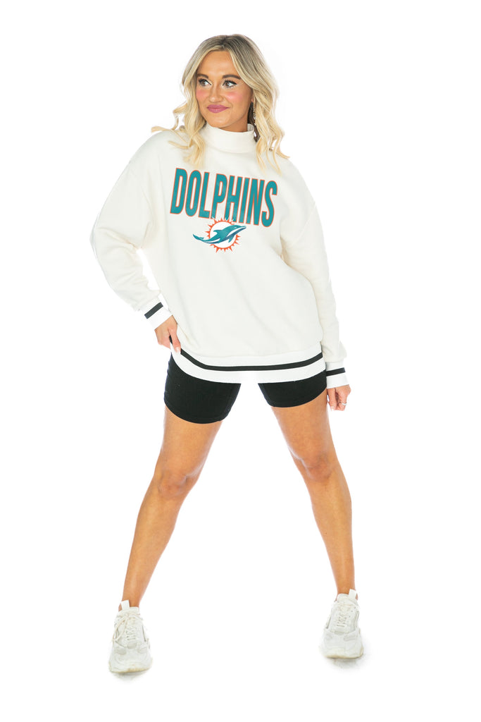 MIAMI DOLPHINS END ZONE ENVY MOCK NECK FLEECE LONG SLEEVE PULLOVER WITH STRIPED STRETCH CUFF AND WAISTBAND