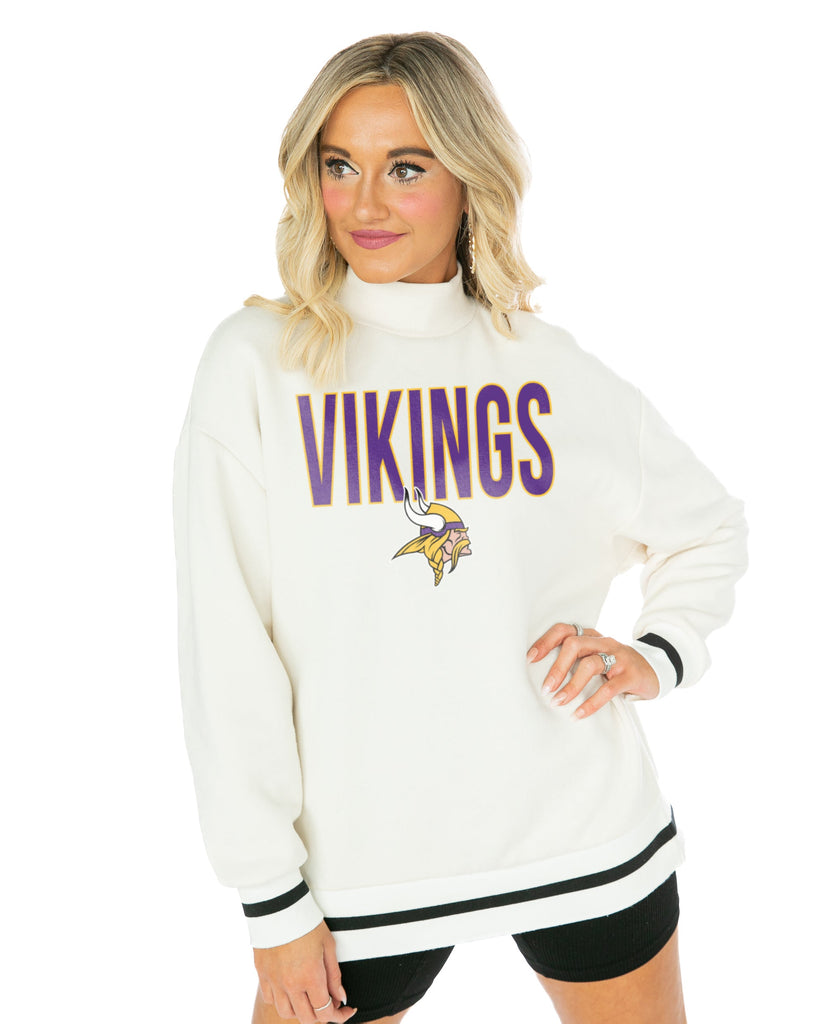 MINNESOTA VIKINGS END ZONE ENVY MOCK NECK FLEECE LONG SLEEVE PULLOVER WITH STRIPED STRETCH CUFF AND WAISTBAND