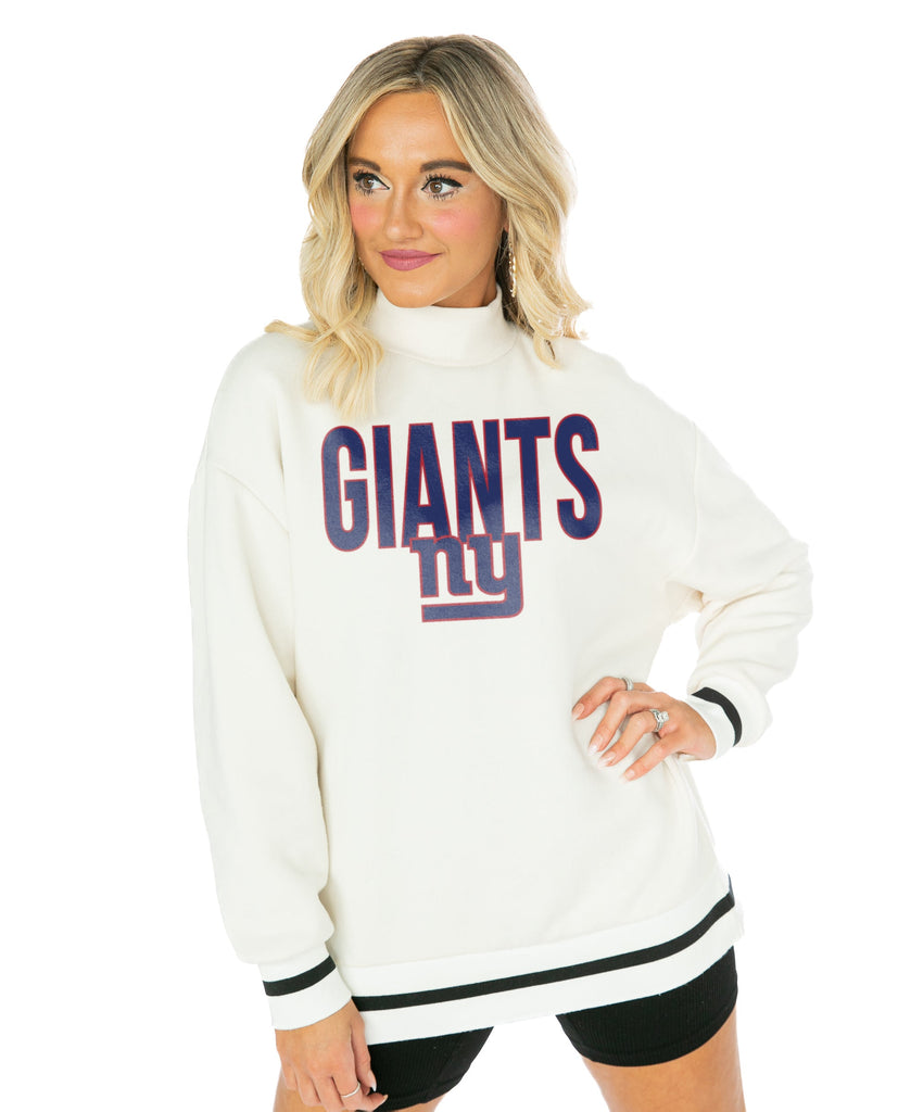 NEW YORK GIANTS END ZONE ENVY MOCK NECK FLEECE LONG SLEEVE PULLOVER WITH STRIPED STRETCH CUFF AND WAISTBAND