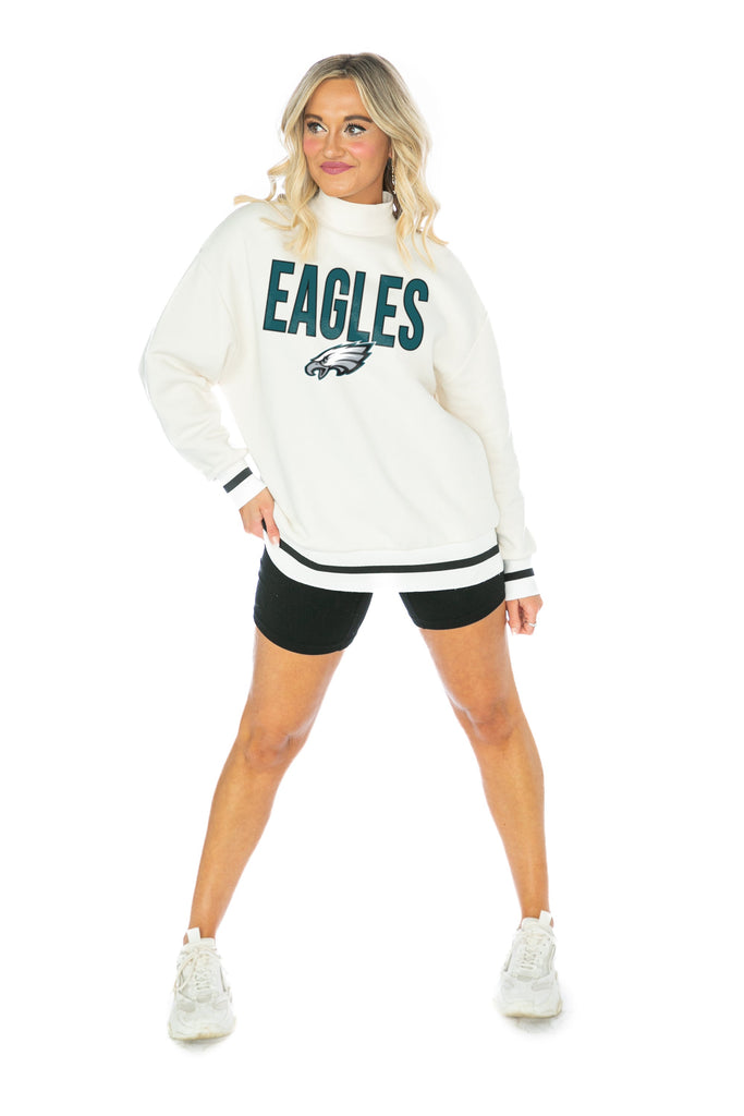 PHILADELPHIA EAGLES END ZONE ENVY MOCK NECK FLEECE LONG SLEEVE PULLOVER WITH STRIPED STRETCH CUFF AND WAISTBAND