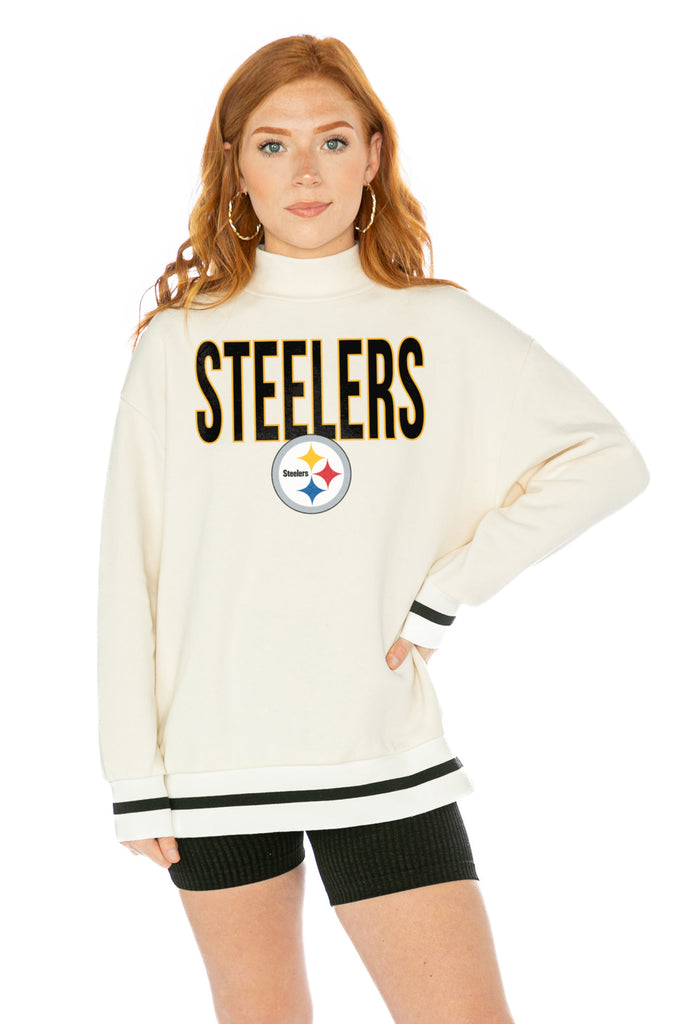 PITTSBURGH STEELERS END ZONE ENVY MOCK NECK FLEECE LONG SLEEVE PULLOVER WITH STRIPED STRETCH CUFF AND WAISTBAND