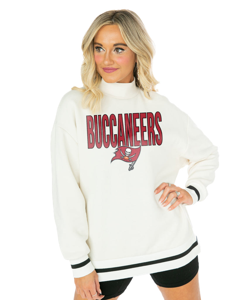 TAMPA BAY BUCCANEERS END ZONE ENVY MOCK NECK FLEECE LONG SLEEVE PULLOVER WITH STRIPED STRETCH CUFF AND WAISTBAND