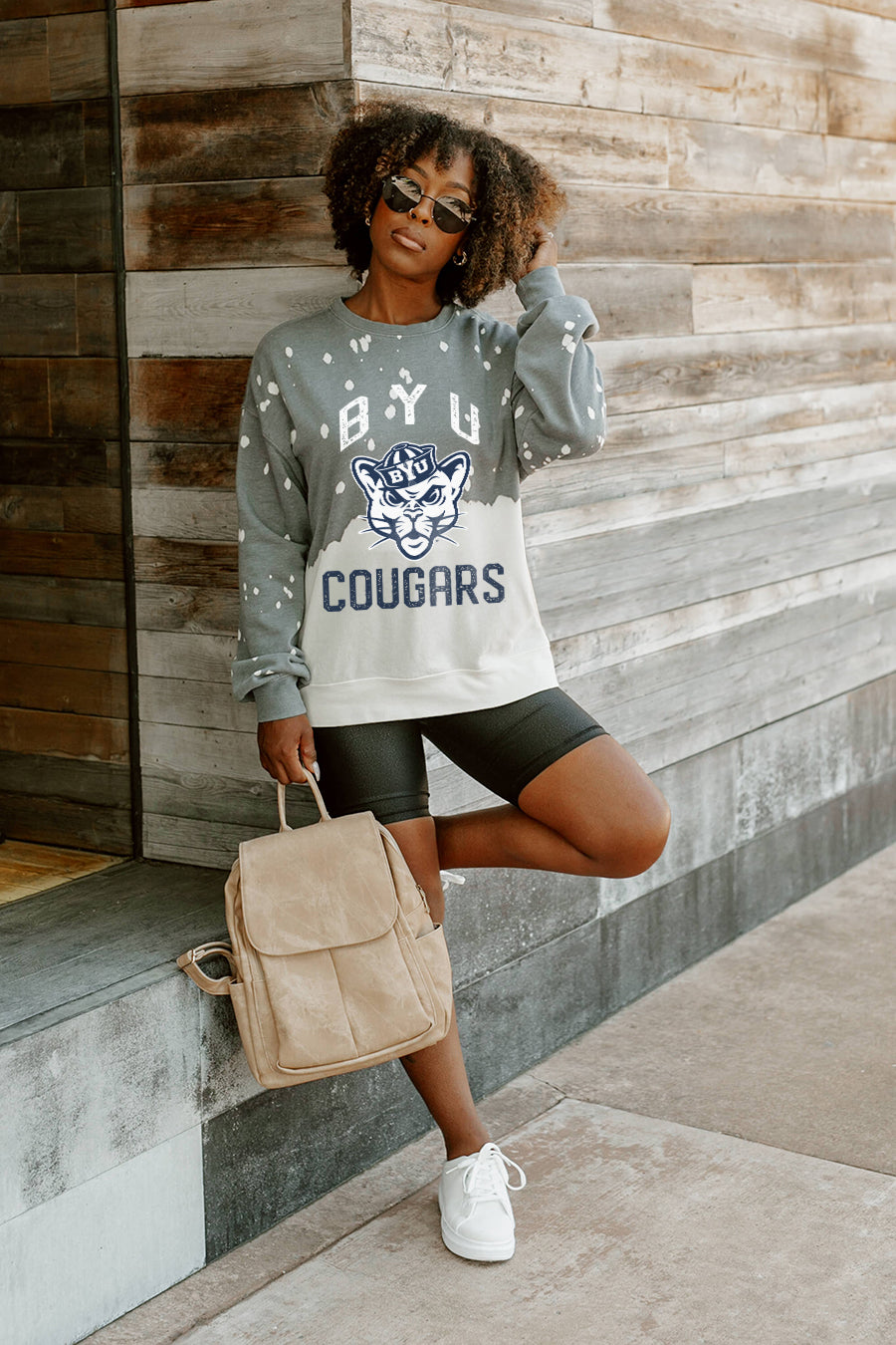 Grey BYU Cougars Upcycle Vintage Faded Wash Pullover - On Model Front View | Gameday Couture - SOHO