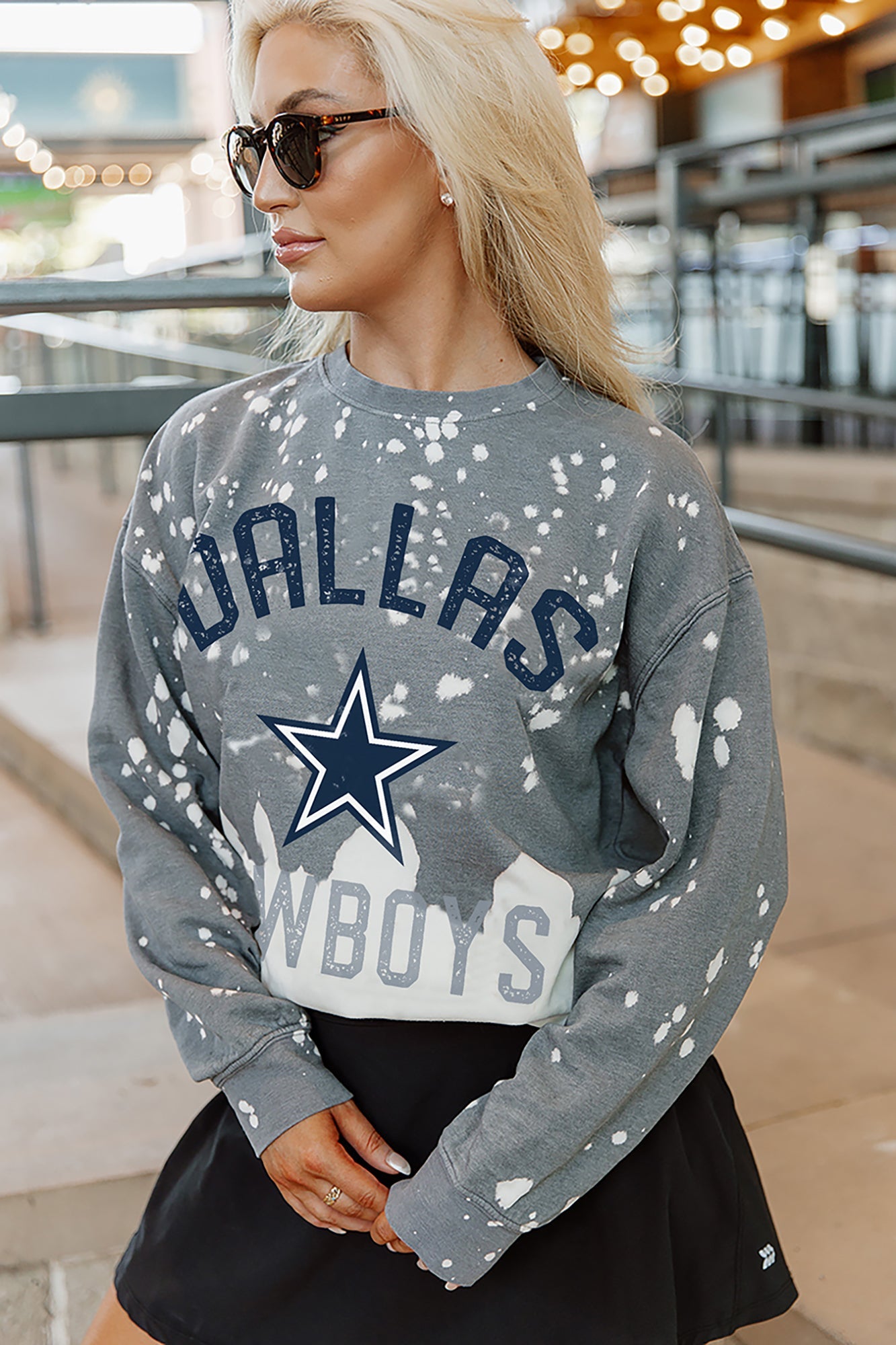 Grey Dallas Cowboys Coin Toss Vintage Wash Pullover - Front Graphic Close-Up On Model | Gameday Couture - SOHO