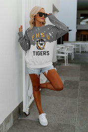 Grey Fort Hays State Tigers Vintage Faded Wash Pullover - On Model Front View | Gameday Couture - SOHO
