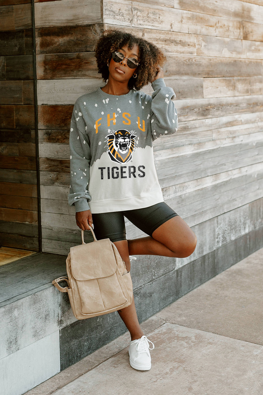 Grey FHSU Tigers Upcycle Vintage Wash Crewneck Pullover - Styled Look with Bike Shorts | Gameday Couture - SOHO