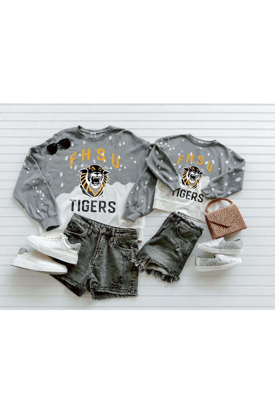 Grey Fort Hays State Tigers Vintage Pullover - Flat Lay Outfit Styling Two Sizes | Gameday Couture - SOHO