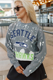 Grey Seattle Seahawks Coin Toss French Terry Crewneck Pullover - Front Graphic Close-Up On Model | Gameday Couture - SOHO