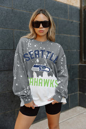 Grey Seattle Seahawks Coin Toss Bleach Dye Crewneck Pullover - Oversized Fit Front View On Model | Gameday Couture - SOHO