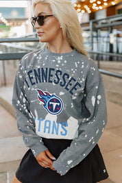 Grey Vintage Wash Tennessee Titans Coin Toss French Terry Pullover - Front Logo Close-Up On Model | Gameday Couture - SOHO