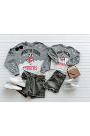 Grey Wisconsin Badgers Vintage Pullover Flat Lay Outfit Styling with Denim Shorts | Gameday Couture - SOHO