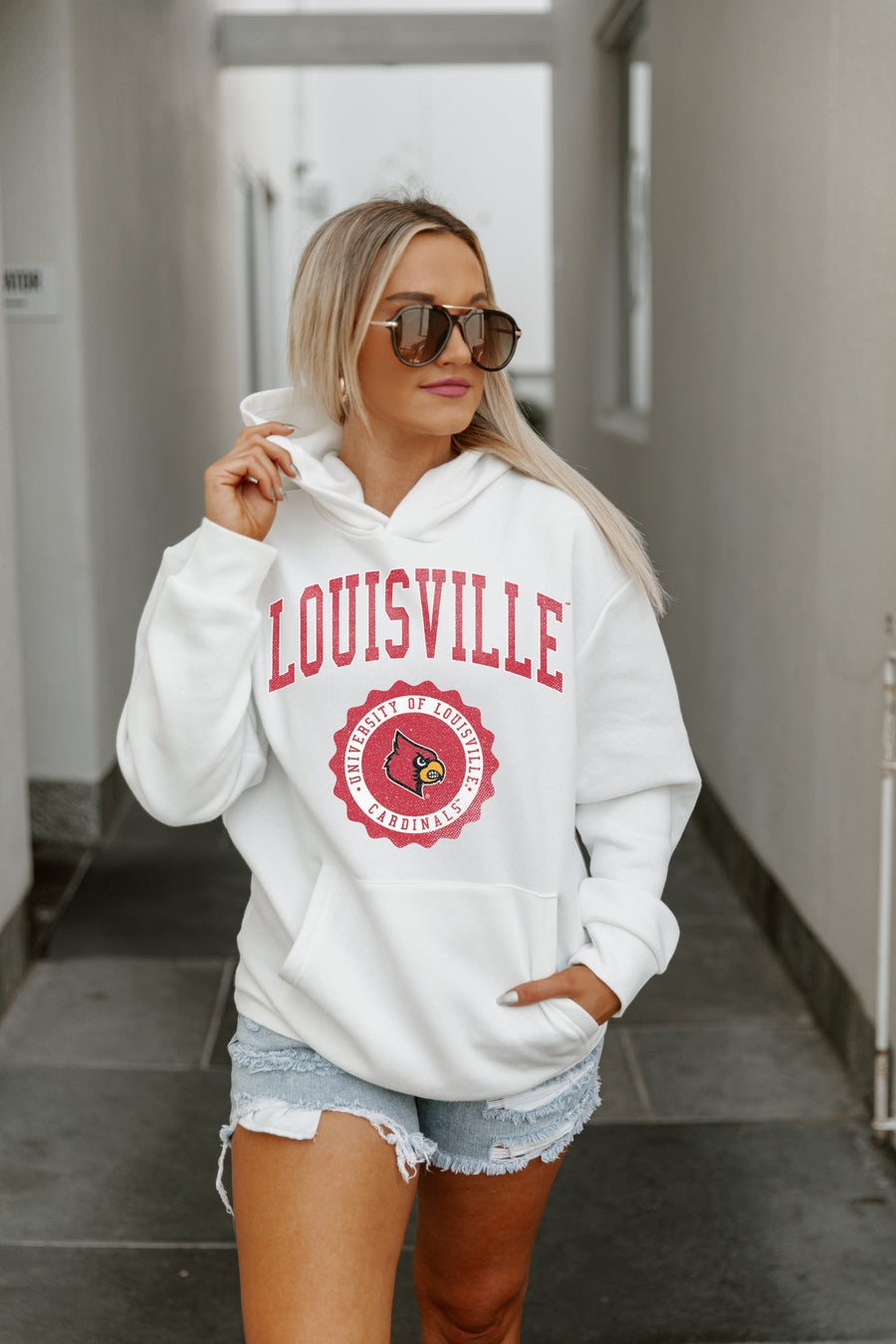 LOUISVILLE CARDINALS GUESS WHO'S BACK SEQUIN YOKE PULLOVER