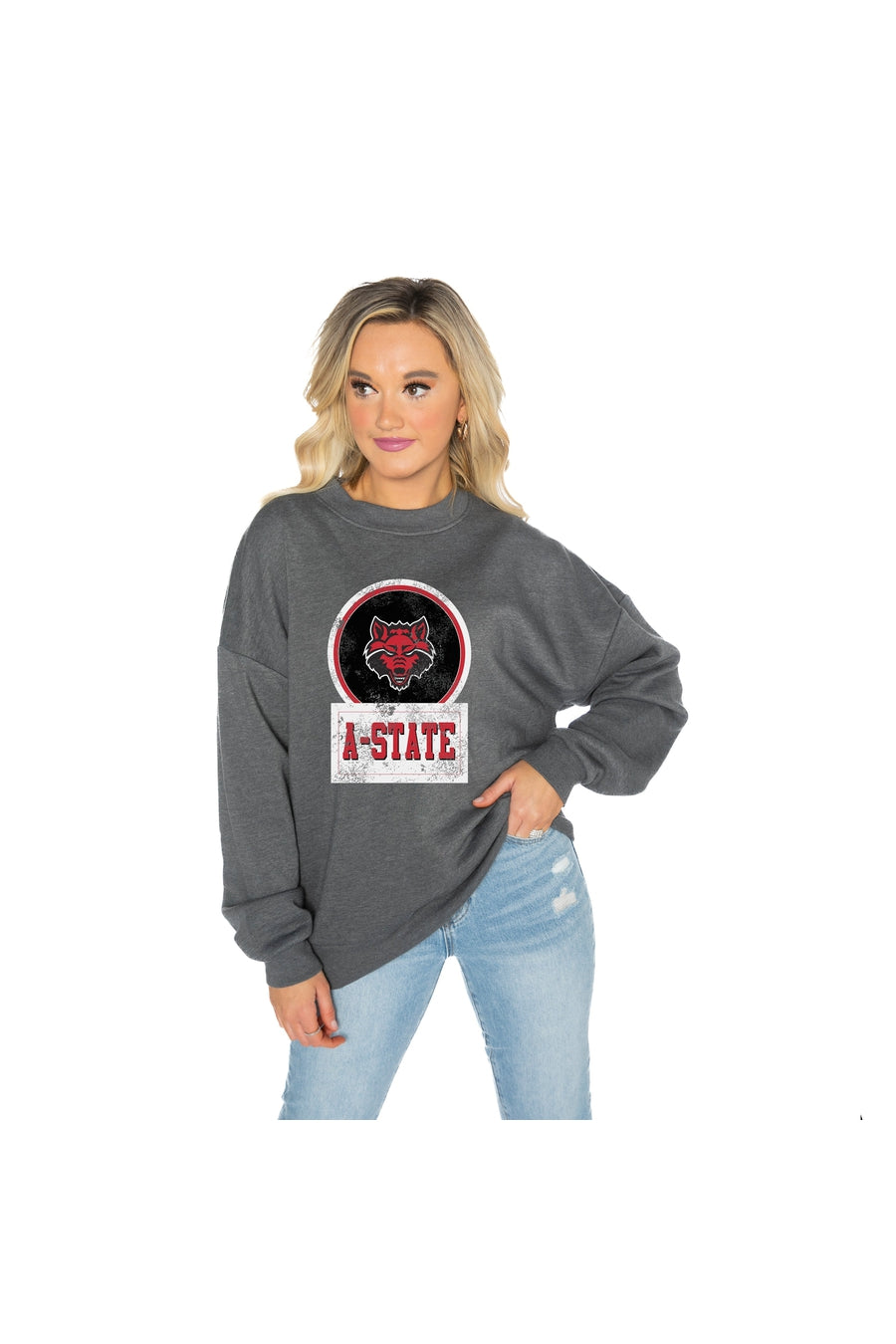 ARKANSAS STATE RED WOLVES GOOD VIBES PREMIUM FLEECE DROP SHOULDER CREWNECK PULLOVER