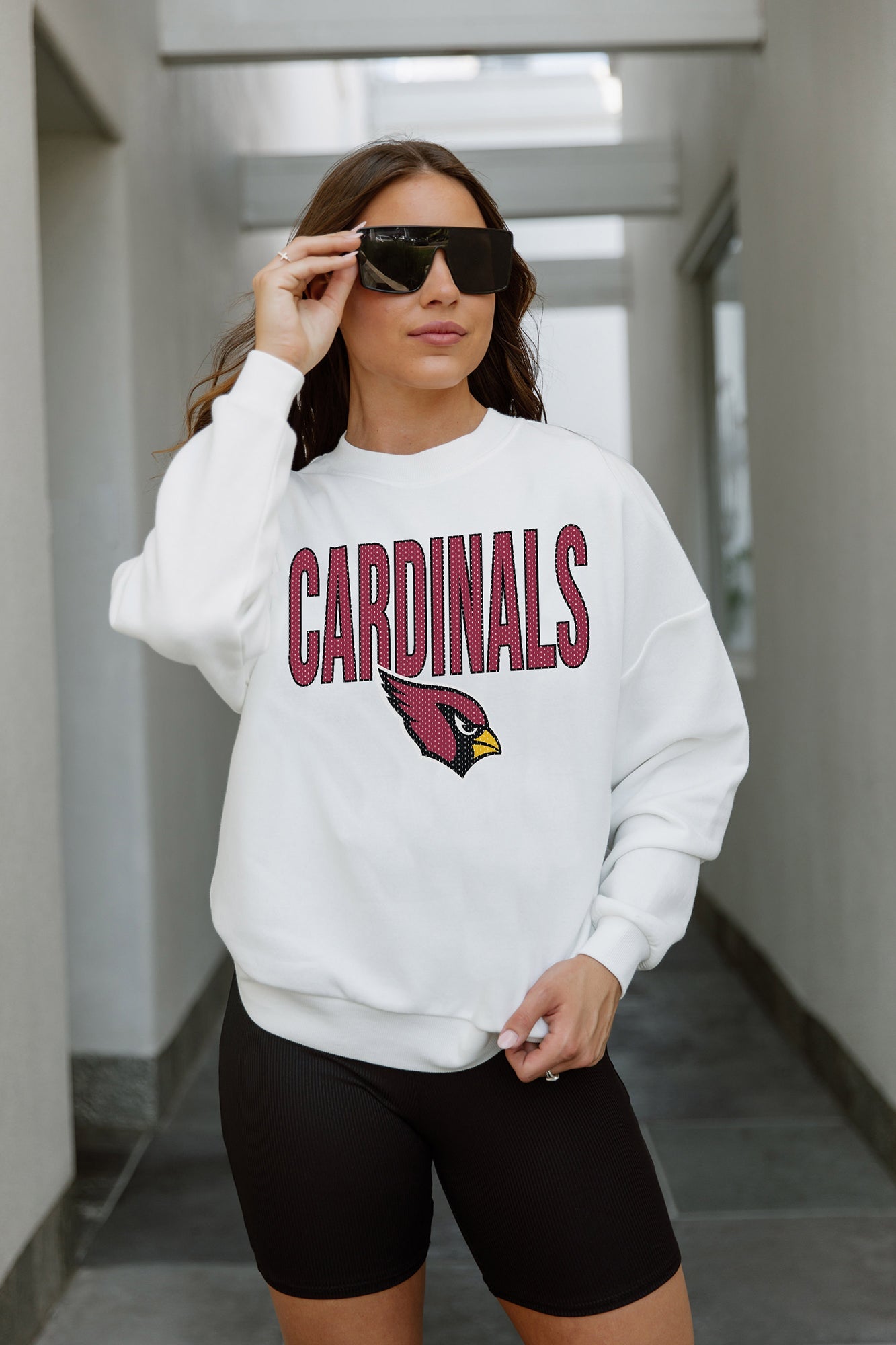 ARIZONA CARDINALS JUST GO WITH IT PREMIUM FLEECE DROP SHOULDER CREWNECK PULLOVER