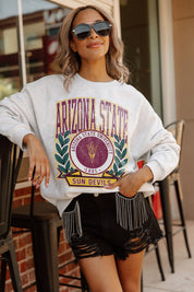 ARIZONA STATE SUN DEVILS GO FIGHT WIN PREMIUM FLEECE DROP SHOULDER CREWNECK PULLOVER BY MADI PREWETT