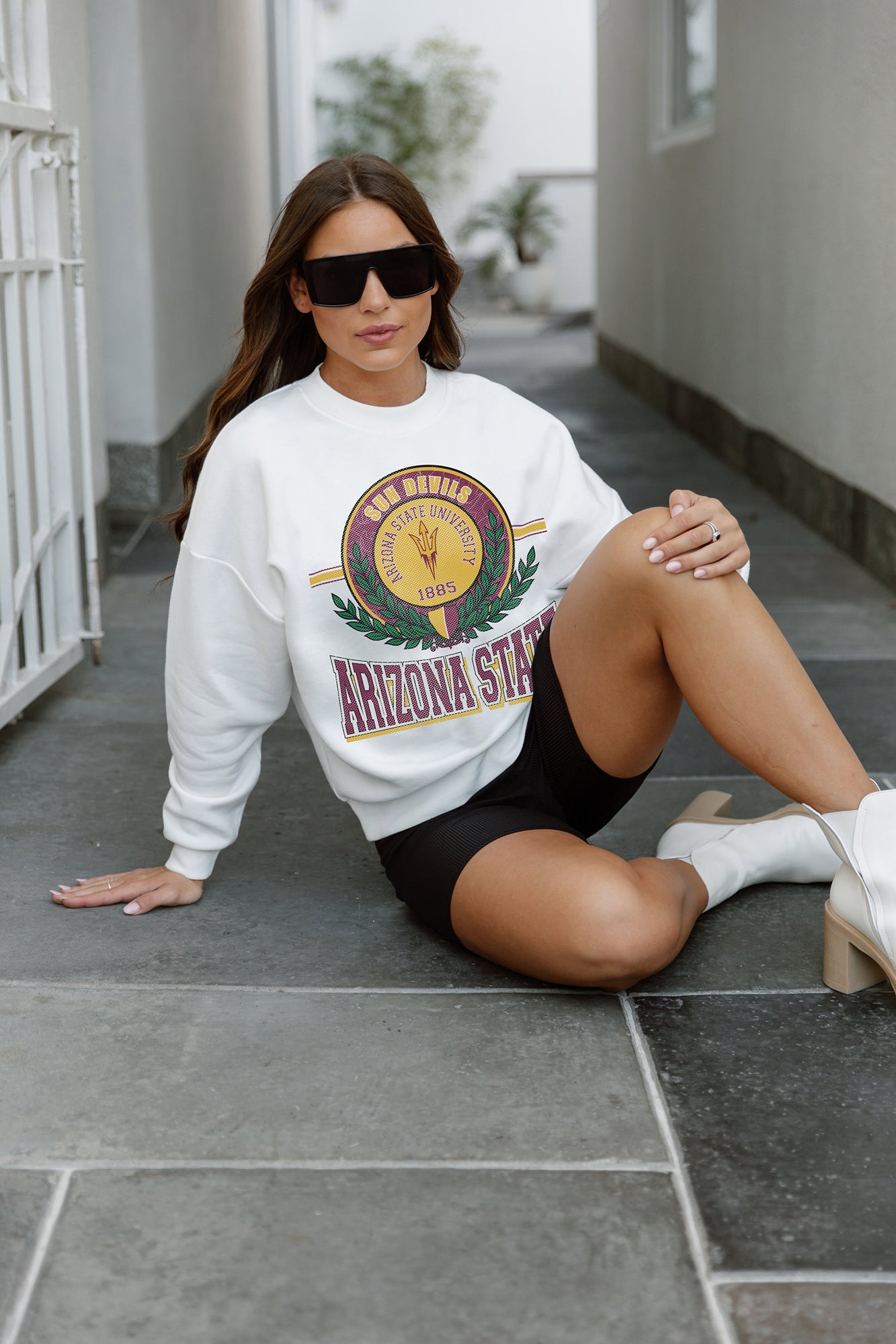White Arizona State Sun Devils HOT SHOT Premium Fleece Drop Shoulder Crewneck Pullover - Styled Sit Pose | Gameday Couture - SOHO
