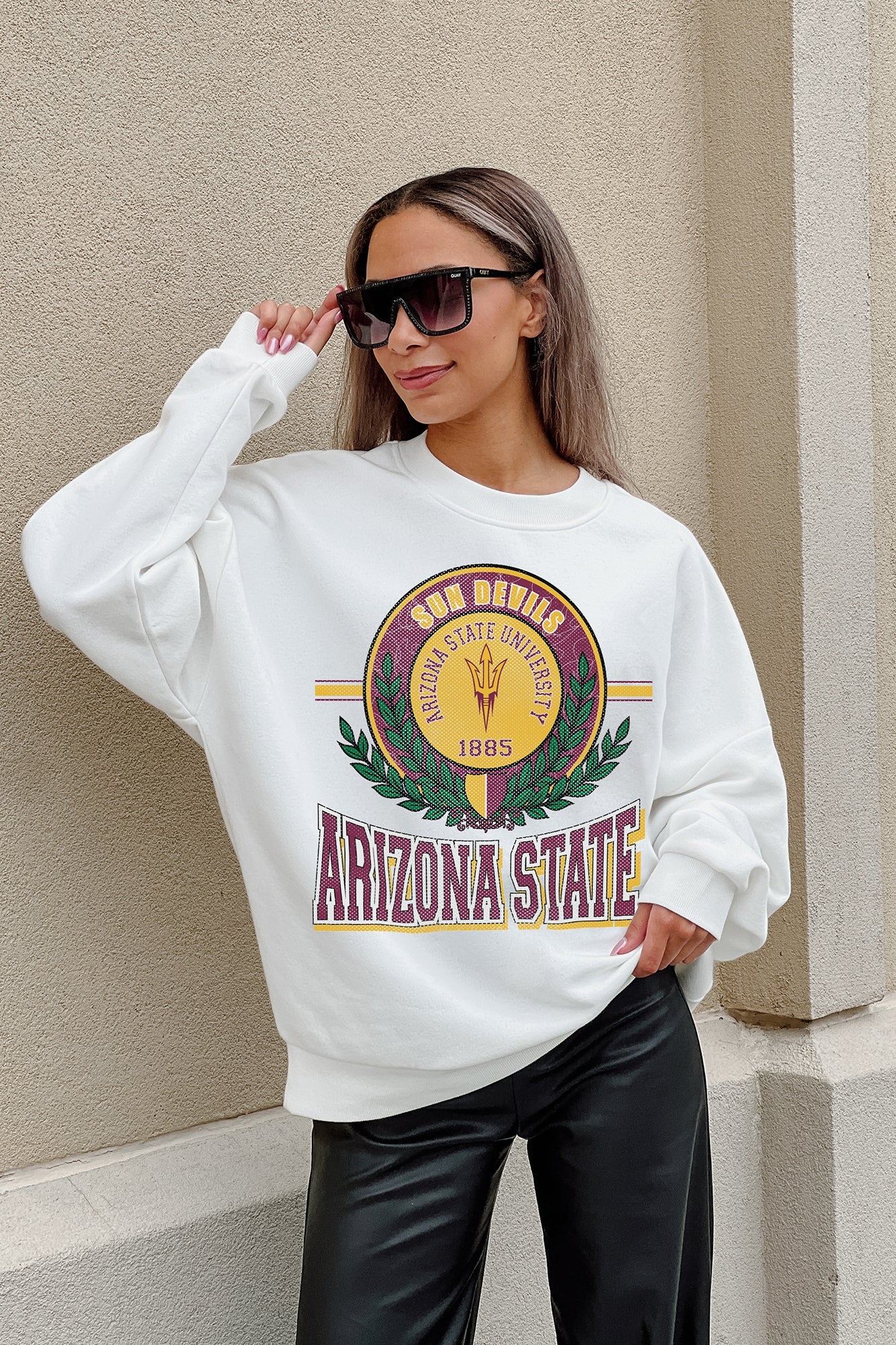 White Arizona State Sun Devils HOT SHOT Premium Fleece Drop Shoulder Crewneck - Styled Full Length Front | Gameday Couture - SOHO