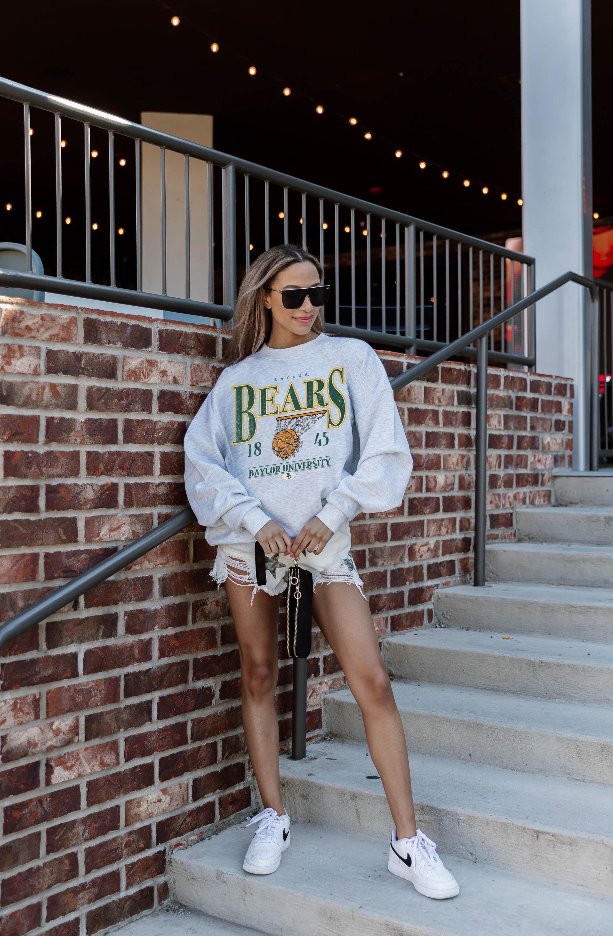 Ash Grey Baylor Bears Have A Ball Drop Shoulder Crewneck - Full Length On Model | Gameday Couture - SOHO