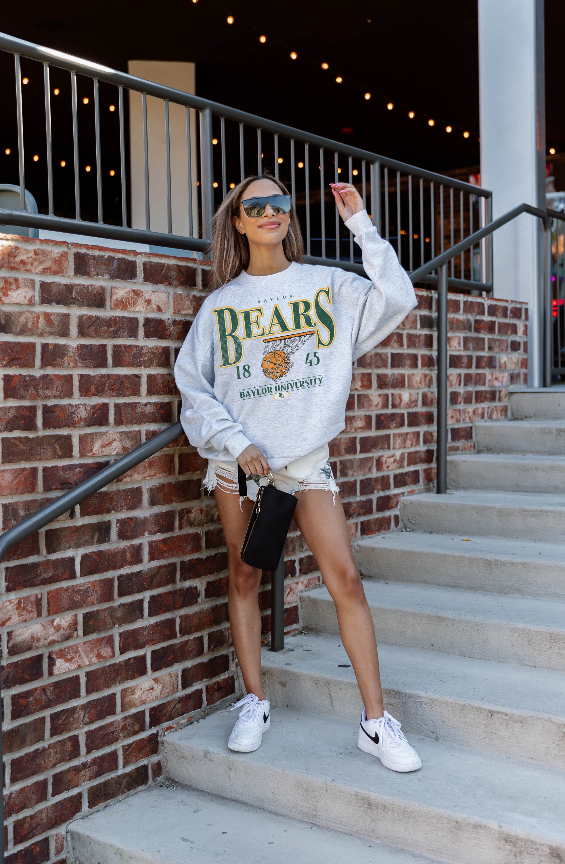 Ash Grey Baylor Bears Have A Ball Premium Fleece Crewneck - On Model Side View | Gameday Couture - SOHO