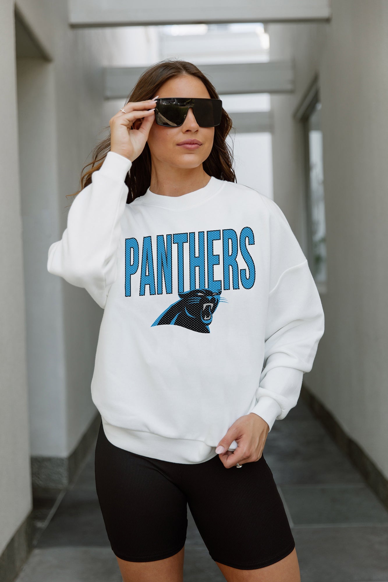 CAROLINA PANTHERS JUST GO WITH IT PREMIUM FLEECE DROP SHOULDER CREWNECK PULLOVER
