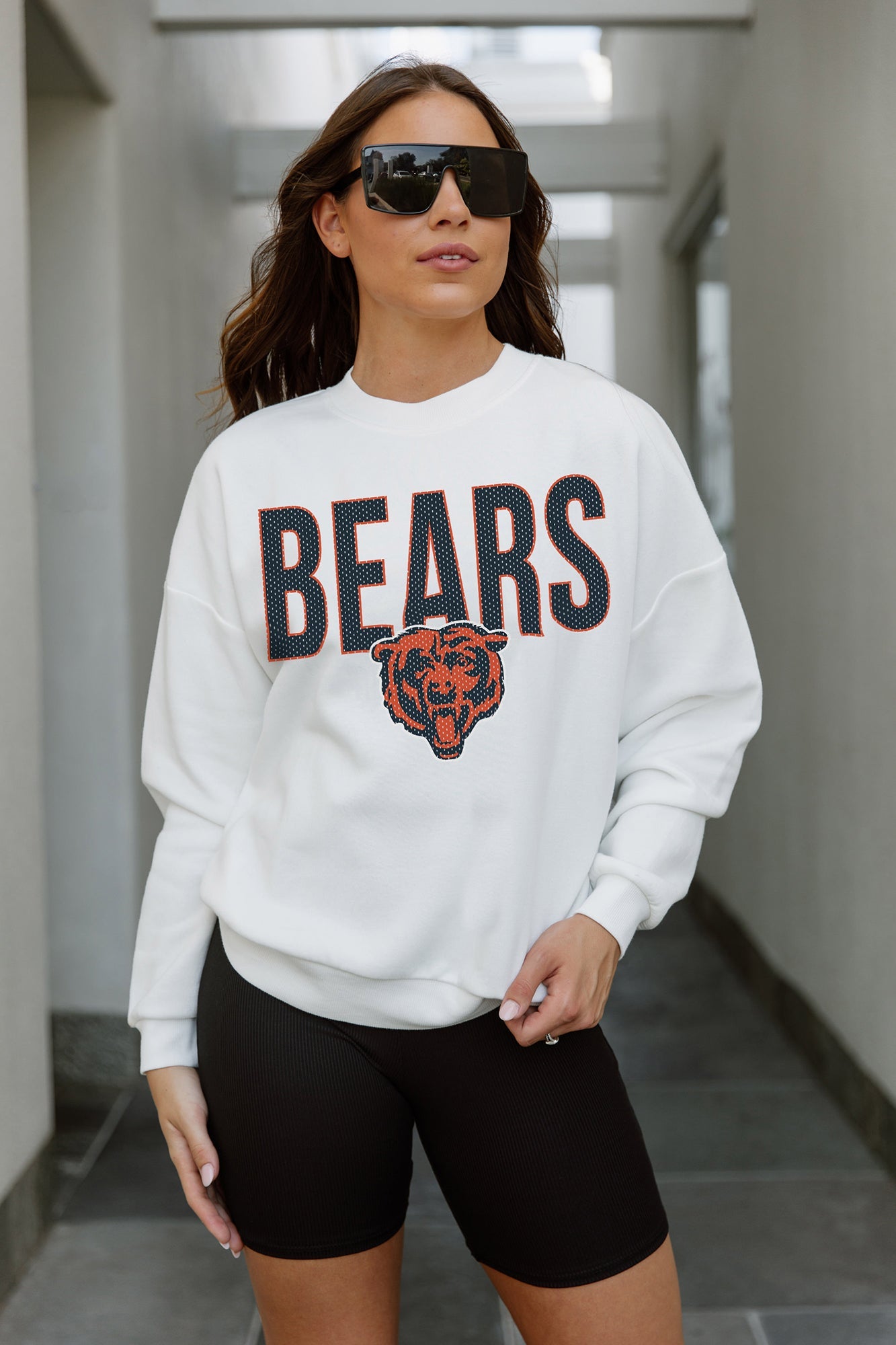 CHICAGO BEARS JUST GO WITH IT PREMIUM FLEECE DROP SHOULDER CREWNECK PULLOVER