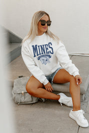 White Colorado School of Mines Burros Slow Motion Fleece Crewneck Pullover - Styled On Model | Gameday Couture - SOHO