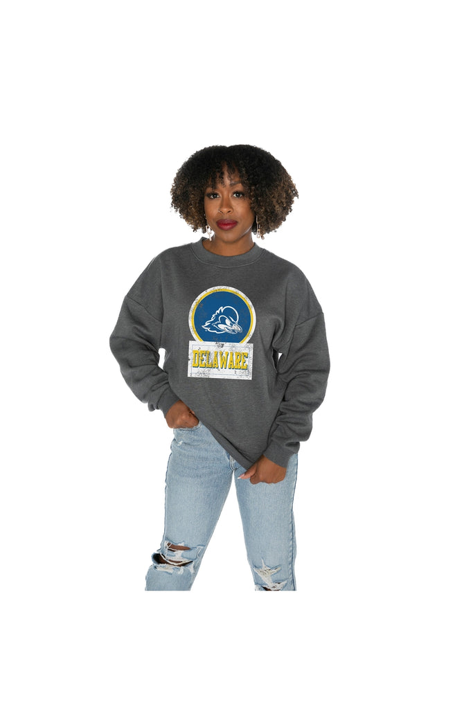 DELAWARE BLUE HENS GOOD VIBES PREMIUM FLEECE DROP SHOULDER CREWNECK PULLOVER