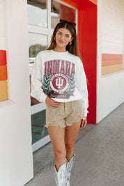 INDIANA HOOSIERS TIME TO TAILGATE PREMIUM FLEECE DROP SHOULDER CREWNECK PULLOVER BY MADI PREWETT